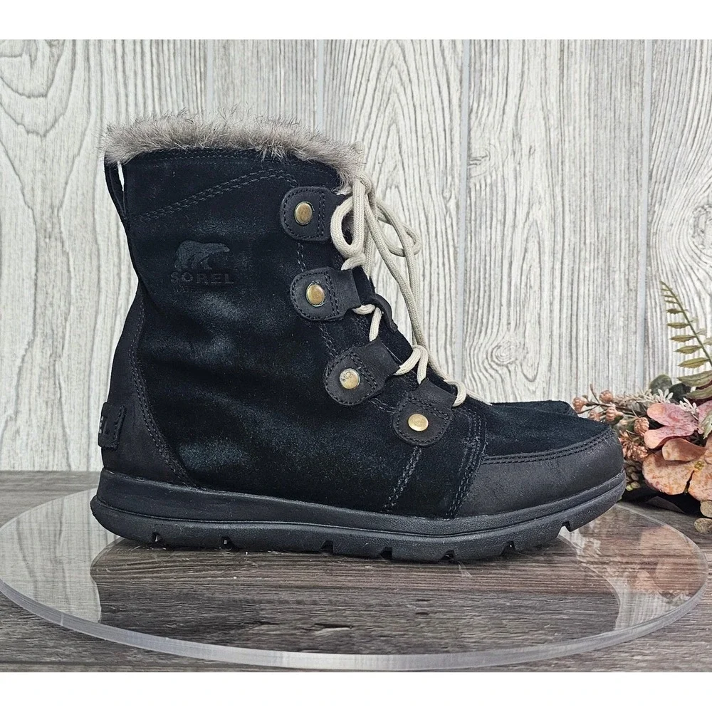 Sorel Explorer Joan Women's 8 Waterproof Black Suede Faux Fur‎ Winter Boots